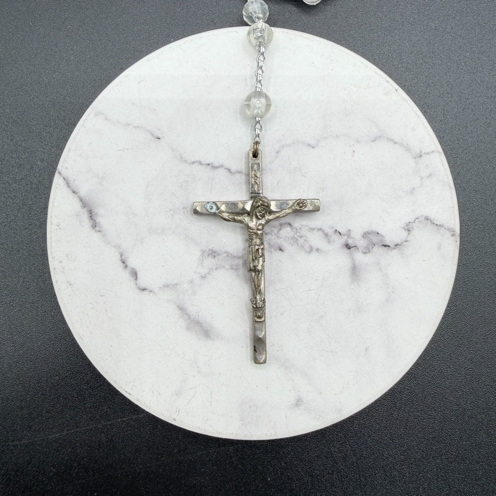 Silver Tone Crucifix Rosary Necklace Clear Beads Catholic Cross Pendant Gift